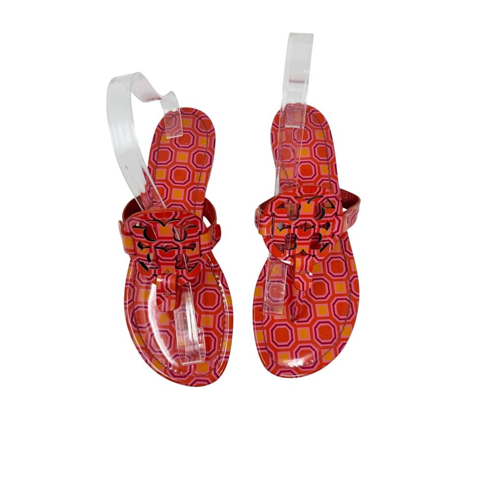TORY BURCH Yellow Pink Geometric Print Patent Leather Miller Sandals Size 8 - Picture 3 of 12